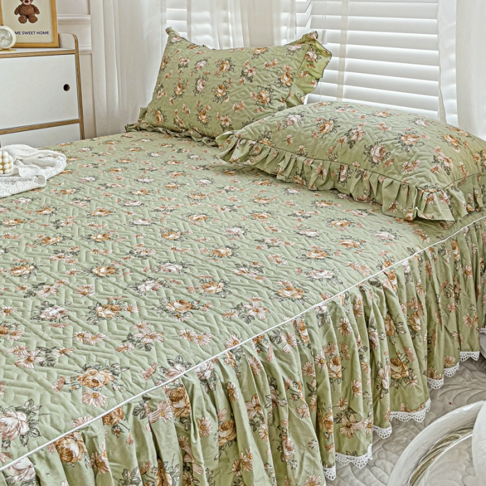 91家纺网 家纺一手货源 找家纺 罗艺轩 2024新款全棉花边床笠式夹棉床裙三件套波塞尔庄园花枝雅韵