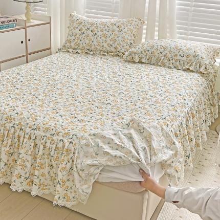 罗艺轩 2024新款全棉花边床笠式夹棉床裙三件套波赛尔庄园-春风拂面