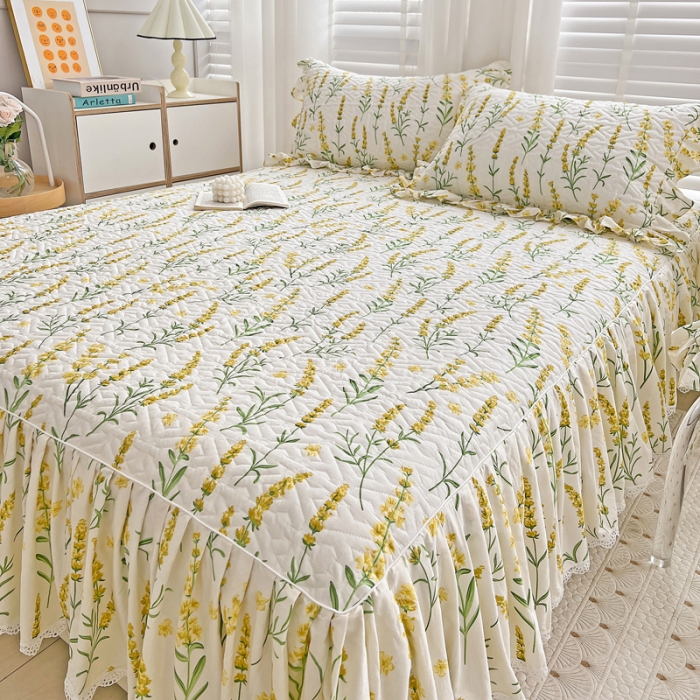 91家纺网 家纺一手货源 找家纺 罗艺轩 2024新款全棉花边床笠式夹棉床裙三件套波赛尔庄园-飘絮