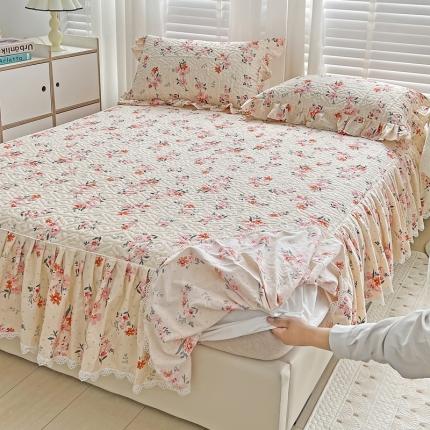 91家纺网 家纺一手货源 找家纺 罗艺轩 2024新款全棉花边床笠式夹棉床裙三件套波赛尔庄园-小时光