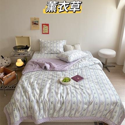 91家纺网 家纺一手货源 找家纺 星期八 2023新款复古碎花全棉豆豆春秋被四件套 薰衣草