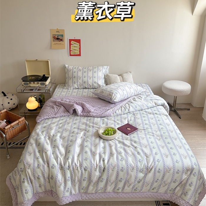 91家纺网 家纺一手货源 找家纺 星期八 2023新款复古碎花全棉豆豆春秋被四件套 薰衣草