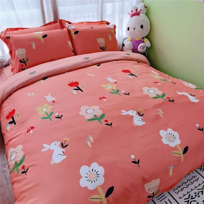 91家纺网 家纺一手货源 找家纺 沐白家居 2023全棉大版生态磨毛四件套 田园兔