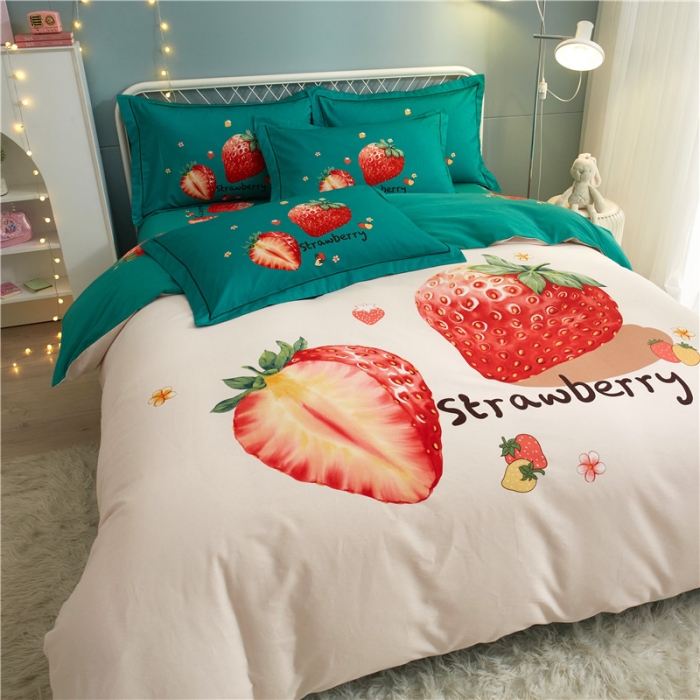 91家纺网 家纺一手货源 找家纺 沐白家居 2023全棉大版生态磨毛四件套 草莓日记-米