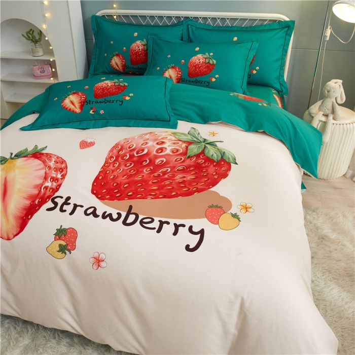 91家纺网 家纺一手货源 找家纺 沐白家居 2023全棉大版生态磨毛四件套 草莓日记-米