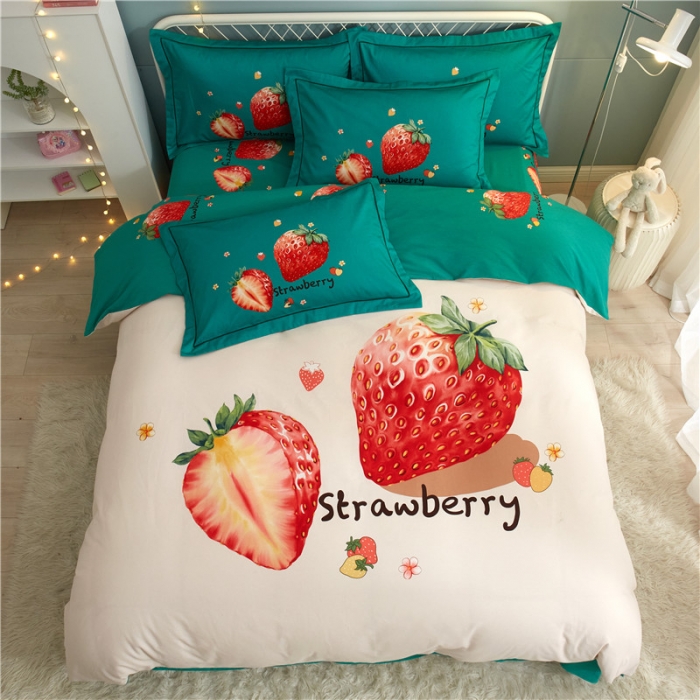 91家纺网 家纺一手货源 找家纺 沐白家居 2023全棉大版生态磨毛四件套 草莓日记-米