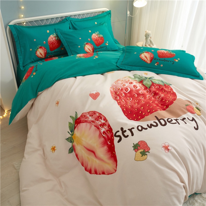 91家纺网 家纺一手货源 找家纺 沐白家居 2023全棉大版生态磨毛四件套 草莓日记-米