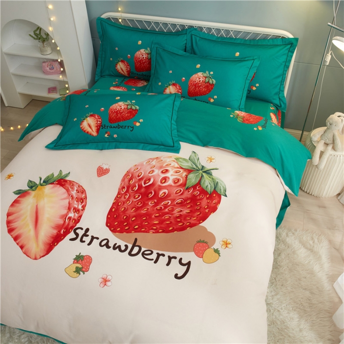 91家纺网 家纺一手货源 找家纺 沐白家居 2023全棉大版生态磨毛四件套 草莓日记-米