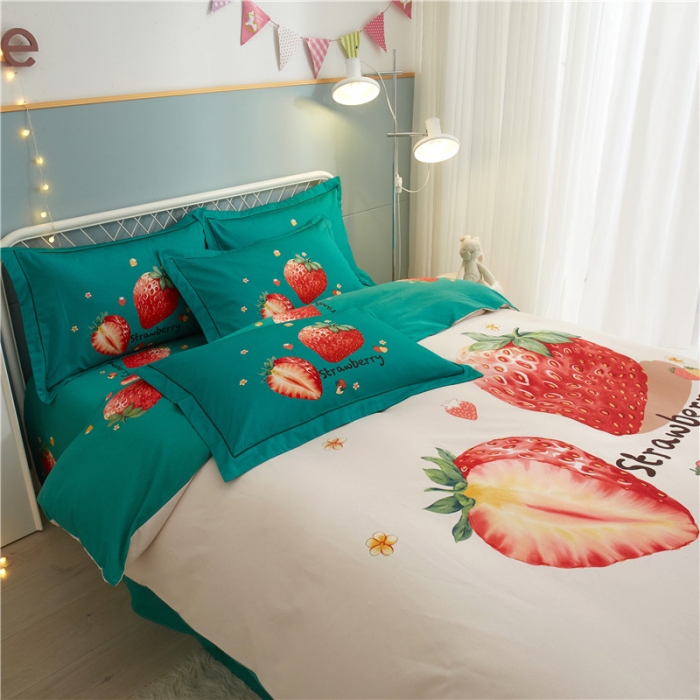 91家纺网 家纺一手货源 找家纺 沐白家居 2023全棉大版生态磨毛四件套 草莓日记-米