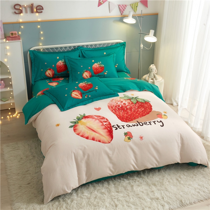 91家纺网 家纺一手货源 找家纺 沐白家居 2023全棉大版生态磨毛四件套 草莓日记-米