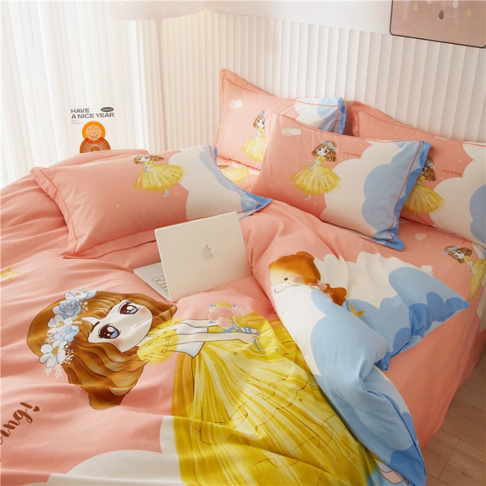 91家纺网 家纺一手货源 找家纺 沐白家居 2023全棉大版生态磨毛四件套 小仙女-粉