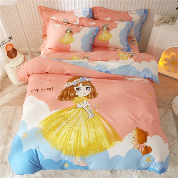 91家纺网 家纺一手货源 找家纺 沐白家居 2023全棉大版生态磨毛四件套 小仙女-粉