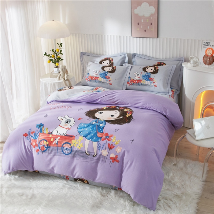 91家纺网 家纺一手货源 找家纺 沐白家居 2023全棉大版生态磨毛四件套 欢乐一夏-紫