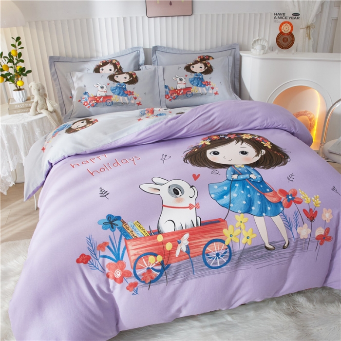 91家纺网 家纺一手货源 找家纺 沐白家居 2023全棉大版生态磨毛四件套 欢乐一夏-紫