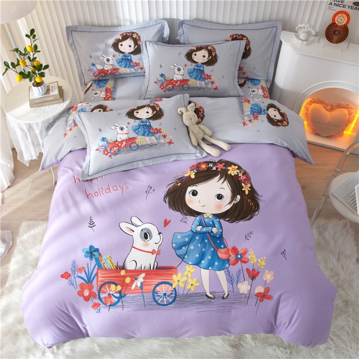 91家纺网 家纺一手货源 找家纺 沐白家居 2023全棉大版生态磨毛四件套 欢乐一夏-紫