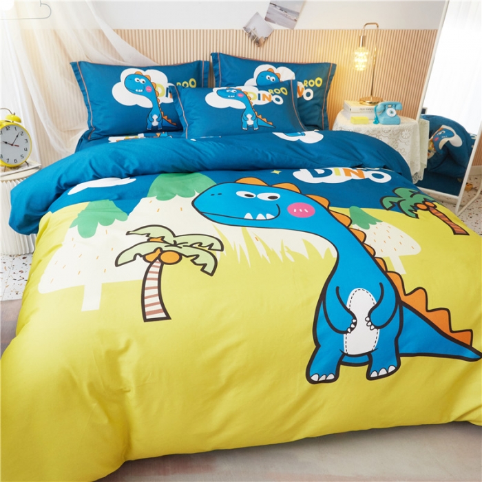 91家纺网 家纺一手货源 找家纺 沐白家居 2023全棉大版生态磨毛四件套 恐龙森林