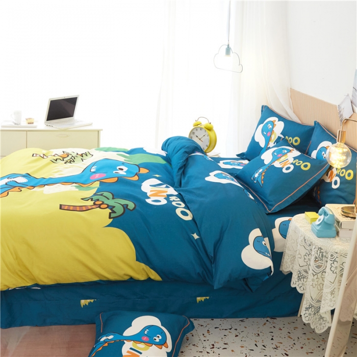 91家纺网 家纺一手货源 找家纺 沐白家居 2023全棉大版生态磨毛四件套 恐龙森林