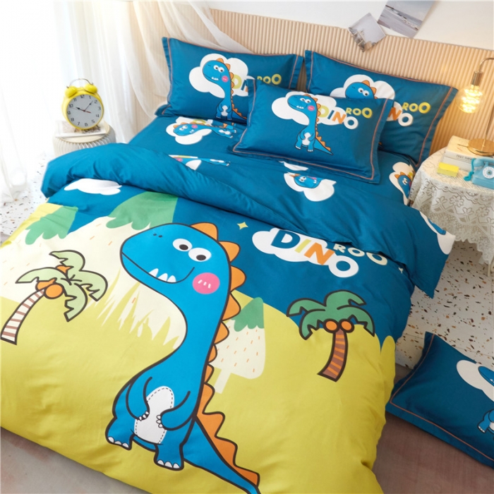 91家纺网 家纺一手货源 找家纺 沐白家居 2023全棉大版生态磨毛四件套 恐龙森林