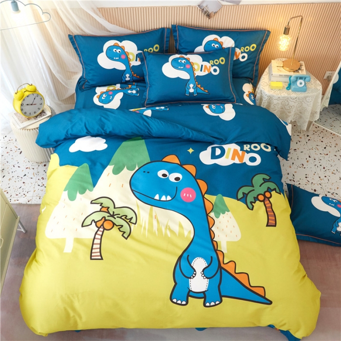 91家纺网 家纺一手货源 找家纺 沐白家居 2023全棉大版生态磨毛四件套 恐龙森林