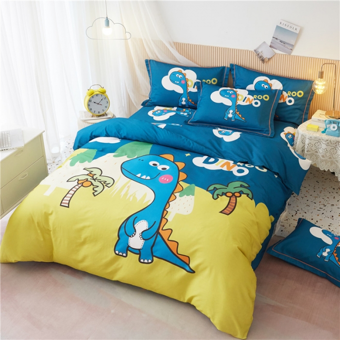 91家纺网 家纺一手货源 找家纺 沐白家居 2023全棉大版生态磨毛四件套 恐龙森林