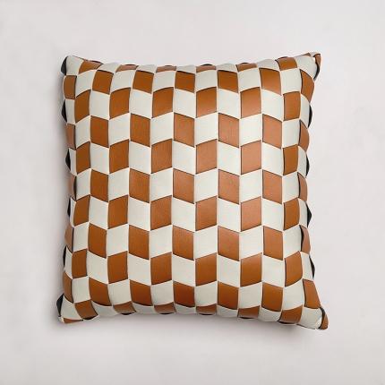 爱家居 现代手工编织科技布皮质抱枕沙发靠枕靠包 手工编制菱形格—橘白
