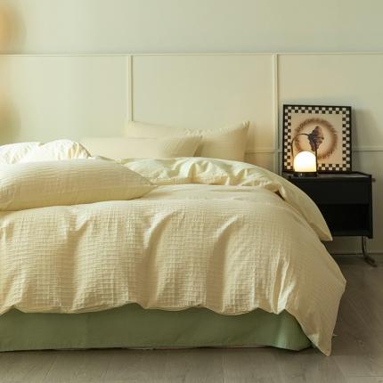 雅居纺2023新款系全棉泡泡纱四件套 泡泡纱米黄+清新绿