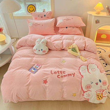 绒梦里 230g牛奶绒贴布绣花四件套加厚绒四件套儿童卡通三件套保暖套件
