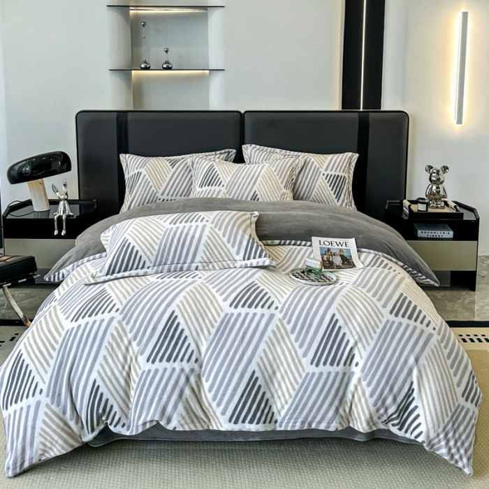 91家纺网 家纺一手货源 找家纺 耀达 2024新款轻奢加厚牛奶绒四件套 简约条纹