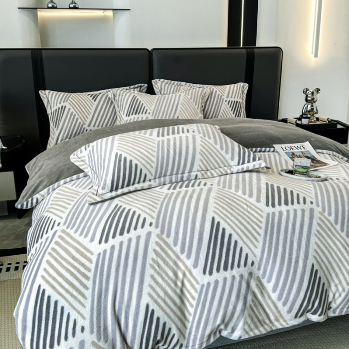 91家纺网 家纺一手货源 找家纺 耀达 2024新款轻奢加厚牛奶绒四件套 简约条纹