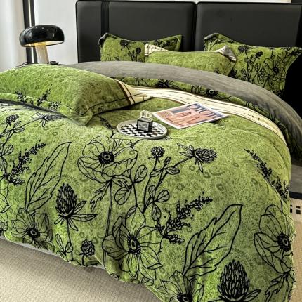 91家纺网 家纺一手货源 找家纺 耀达 2024新款轻奢加厚牛奶绒四件套 绿野花园