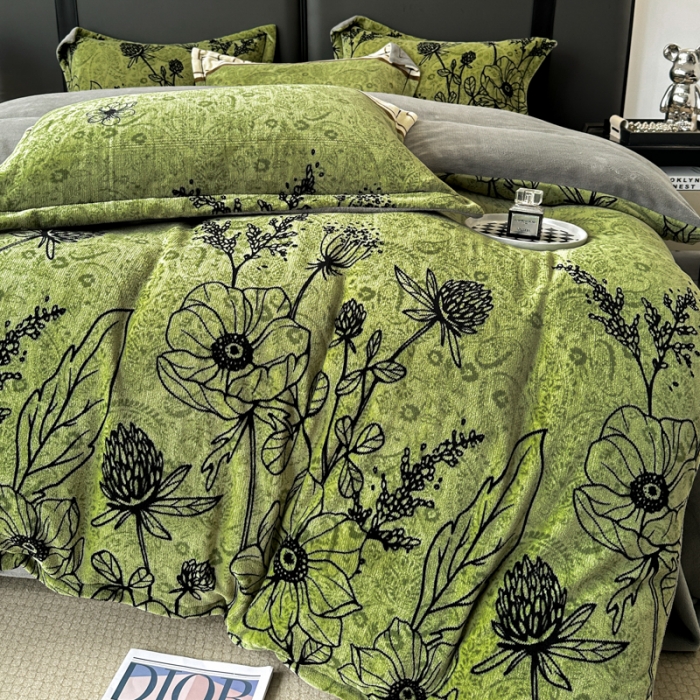 91家纺网 家纺一手货源 找家纺 耀达 2024新款轻奢加厚牛奶绒四件套 绿野花园