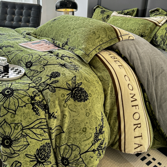 91家纺网 家纺一手货源 找家纺 耀达 2024新款轻奢加厚牛奶绒四件套 绿野花园