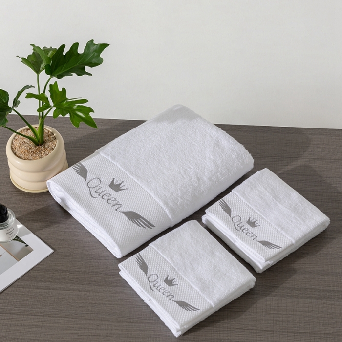 91家纺网 家纺一手货源 找家纺 全棉纯棉五星级酒店浴巾布草宾馆毛巾民宿铂金缎绣花面巾三件套queen