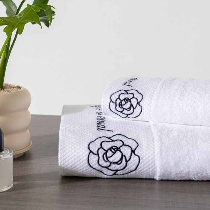 91家纺网 家纺一手货源 找家纺 全棉纯棉五星级酒店浴巾布草宾馆毛巾民宿铂金缎绣花面巾三件套茶花