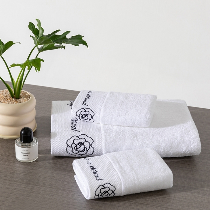 91家纺网 家纺一手货源 找家纺 全棉纯棉五星级酒店浴巾布草宾馆毛巾民宿铂金缎绣花面巾三件套茶花