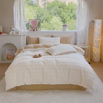 91家纺网 家纺一手货源 找家纺 大米家居 2023高克重兔兔绒方格系列四件套 方格-米白