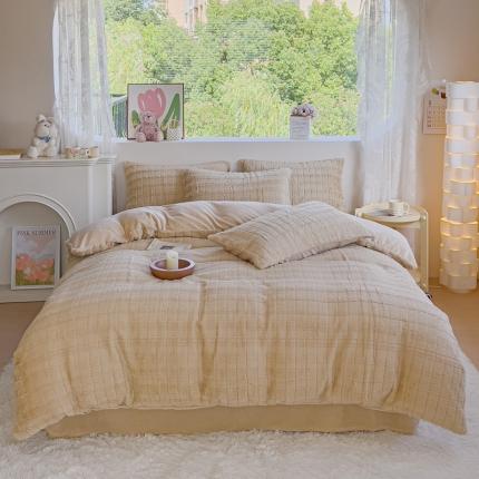 91家纺网 家纺一手货源 找家纺 大米家居 2023高克重兔兔绒方格系列四件套 方格-拿铁