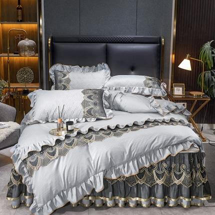 罗艺轩 2024新款贡缎提花夹棉床裙四件套千鸟格系列 千鸟格-冰灿银