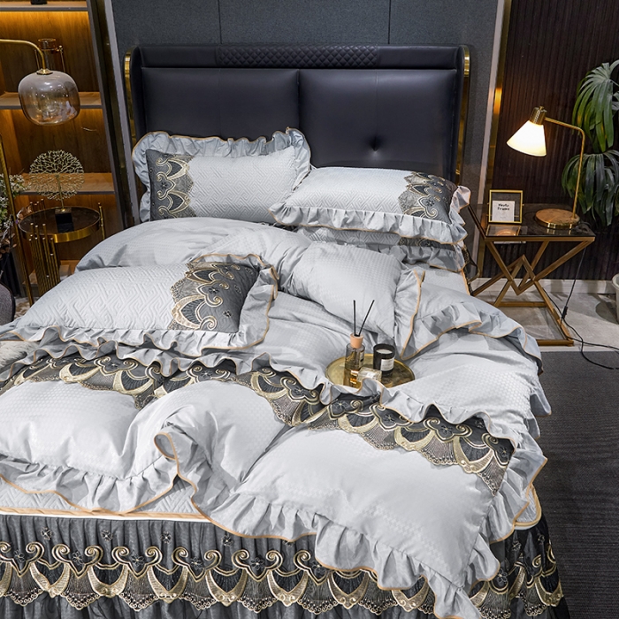 91家纺网 家纺一手货源 找家纺 罗艺轩 2024新款贡缎提花夹棉床裙四件套千鸟格系列 千鸟格-冰灿银