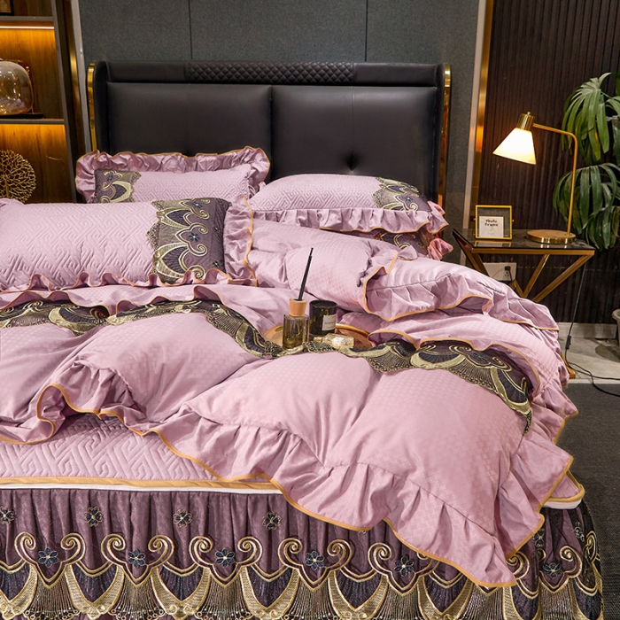 91家纺网 家纺一手货源 找家纺 罗艺轩 2024新款贡缎提花夹棉床裙四件套千鸟格系列 千鸟格-香妃粉