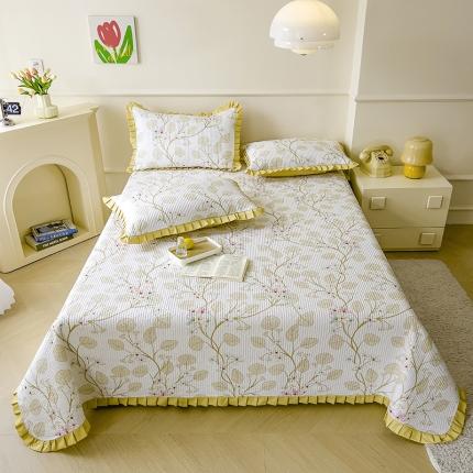 91家纺网 家纺一手货源 找家纺 爱思佳 2023新品云锦棉韩版数码印花款床盖三件套系列 薇恋时光-黄