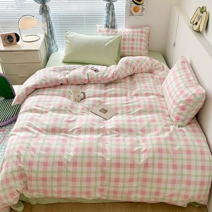 昔可 2023新款全棉ins格子混搭系列四件套粉绿格
