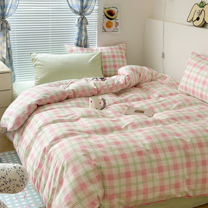 91家纺网 家纺一手货源 找家纺 昔可 2023新款全棉ins格子混搭系列四件套粉绿格