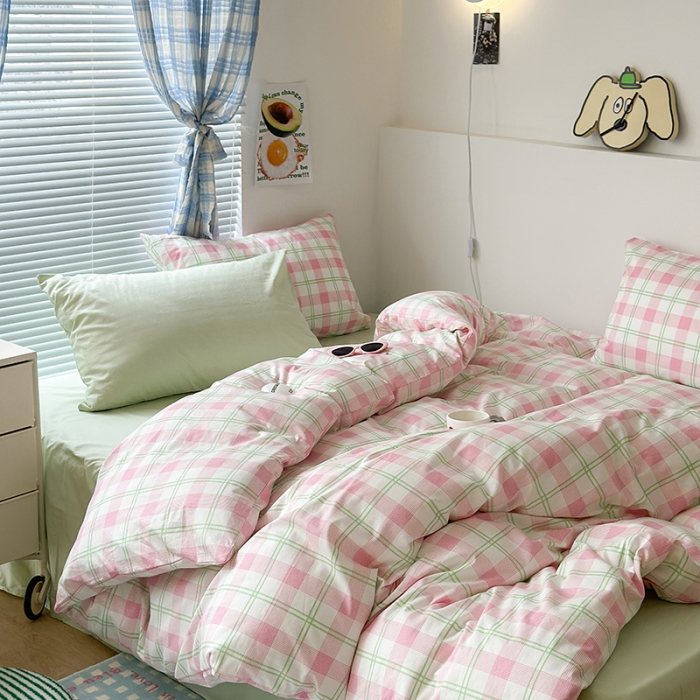 91家纺网 家纺一手货源 找家纺 昔可 2023新款全棉ins格子混搭系列四件套粉绿格