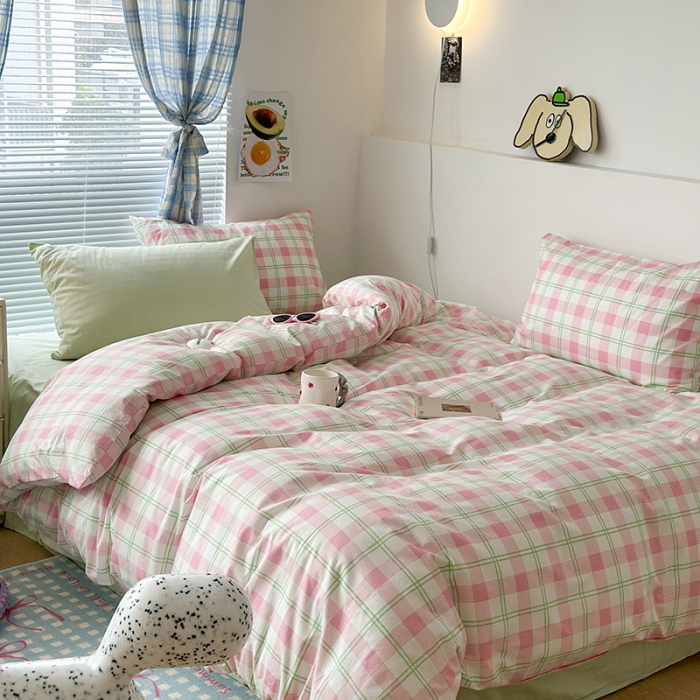 91家纺网 家纺一手货源 找家纺 昔可 2023新款全棉ins格子混搭系列四件套粉绿格