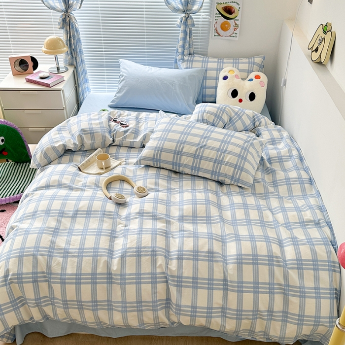 91家纺网 家纺一手货源 找家纺 昔可 2023新款全棉ins格子混搭系列四件套海盐兰格