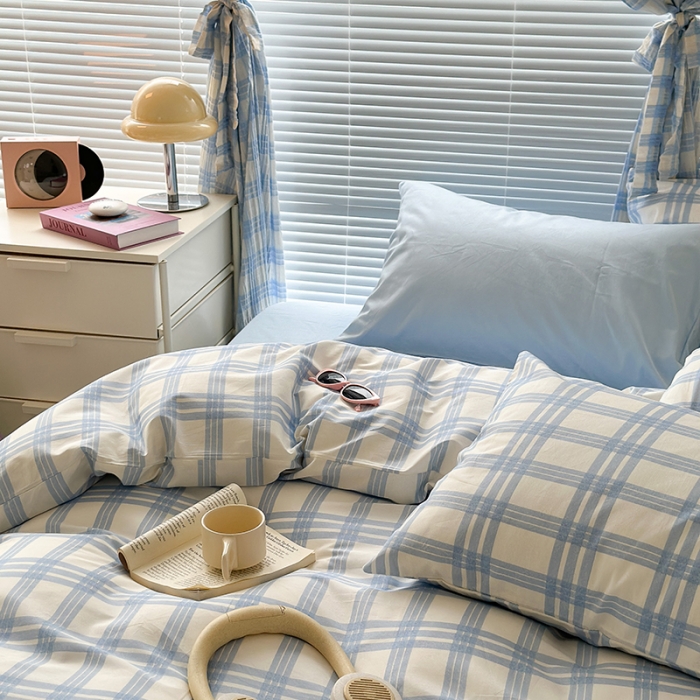 91家纺网 家纺一手货源 找家纺 昔可 2023新款全棉ins格子混搭系列四件套海盐兰格