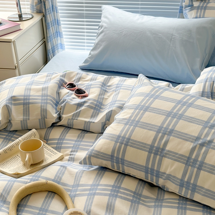 91家纺网 家纺一手货源 找家纺 昔可 2023新款全棉ins格子混搭系列四件套海盐兰格