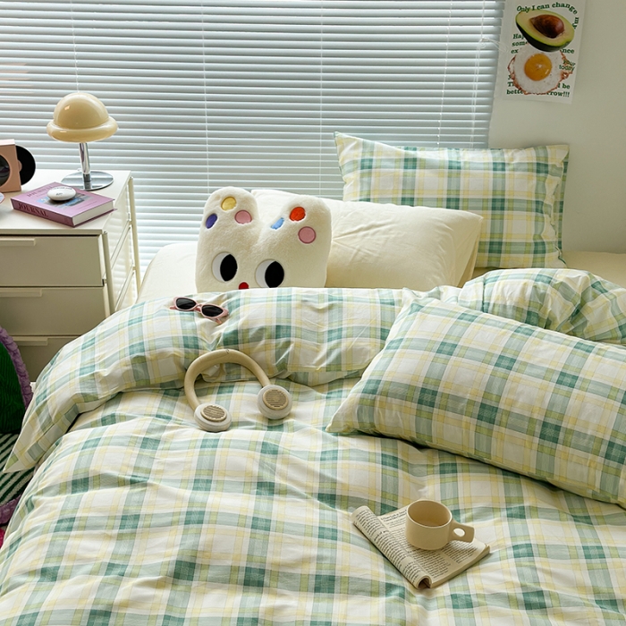 91家纺网 家纺一手货源 找家纺 昔可 2023新款全棉ins格子混搭系列四件套黄绿格