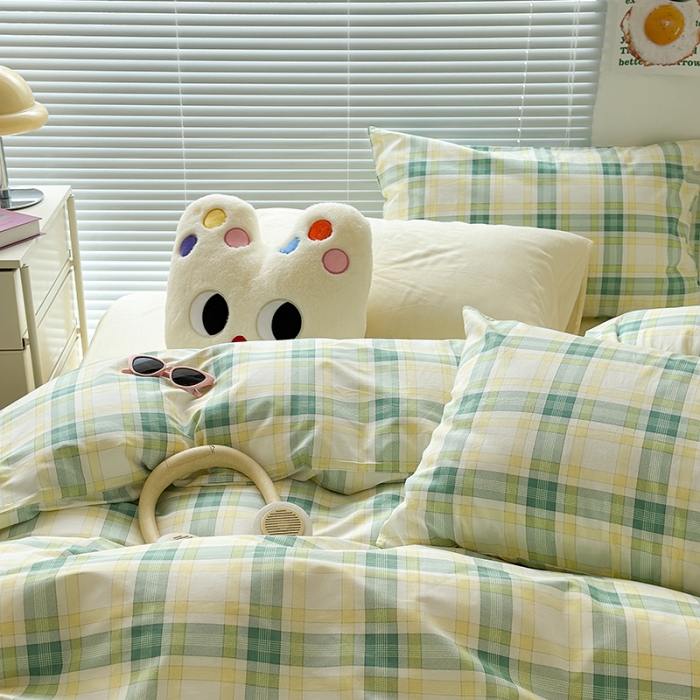 91家纺网 家纺一手货源 找家纺 昔可 2023新款全棉ins格子混搭系列四件套黄绿格